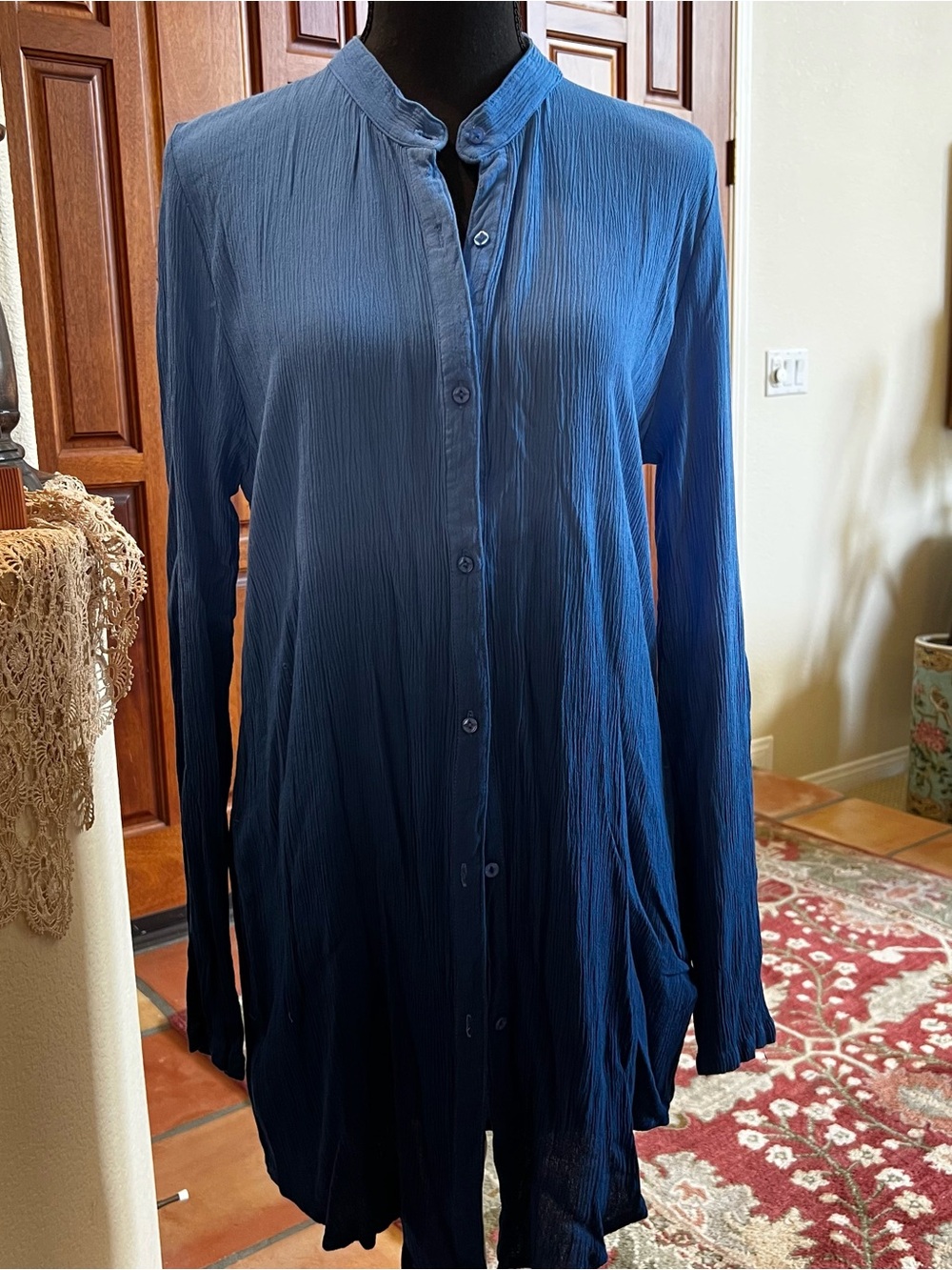 Green Dragon Women's Long Sleeve Boyfriend Pocket Cover-up Button Shirt, Navy XL